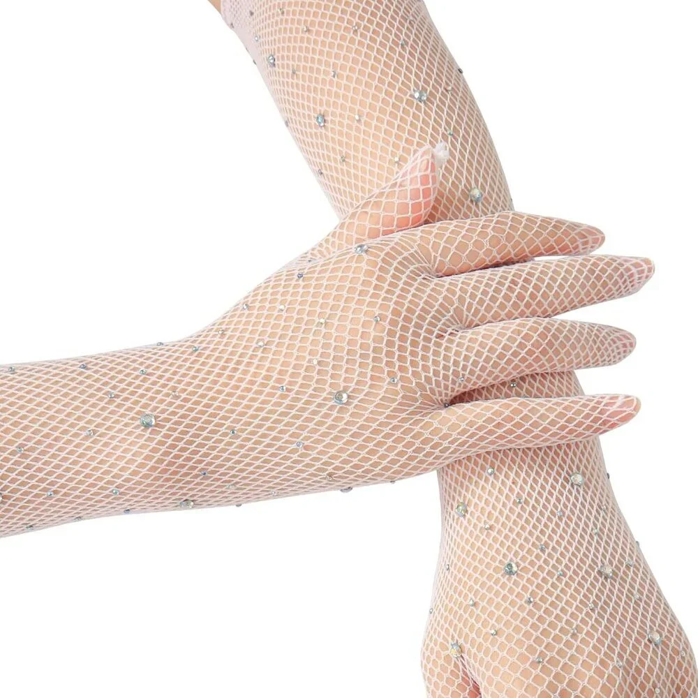 Women's Glitter White Rhinestone Elbow Length Long Gloves Halloween Party